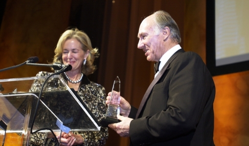 Carolyn Schwenker Brody, Chair of the National Building Museum's Board of Trustees, presents the Vincent Scully Prize, a crystal