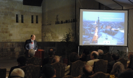 H.H. the Aga Khan delivering a speech at the ceremony celebrating the restoration of the 14th century Umm al Sultan Shabaan Gary