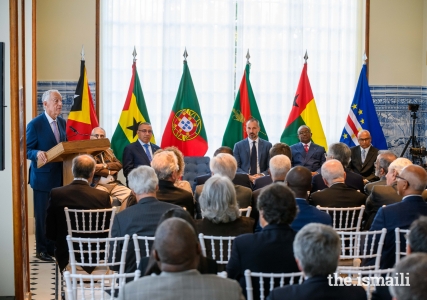 President Marcelo Rebelo de Sousa addresses guests at a reception for leaders from Lusophone countries at the Diwan of the Ismai