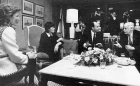 Mowlana Hazar Imam in a discussion with Premier Levesque while Begum Salimah and Mme. Corinne Cote-Levesque look on at a private