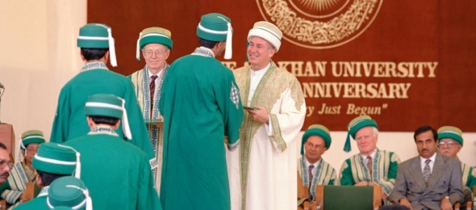 Graduates receiving their diplomas from the Chancellor of the Aga University Pakistan in 1994