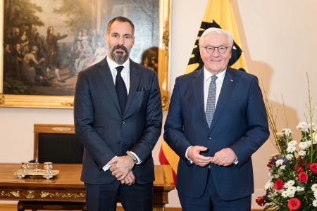 Prince Rahim Aga Khan standing with His Excellency Dr Frank-Walter Steinmeier, President of the Federal Republic of Germany. AKD
