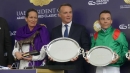 Princess Zahra Aga Khan, Francis Graffard and Maxime Guyon after Rouhiya's victory in the Emirates Poule d'Essai des Pouliches