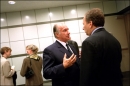 His Highness the Aga Khan (left) talks with Lawrence H. Summers at the launching of ArchNet.org the world’s largest online resou