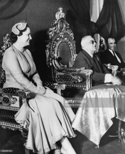 Mowlana Sultan Muhammad Shah with Begum Mata Salamat and Prince Aly Khan  at the Semiramis Hotel in Cairo, Egypt