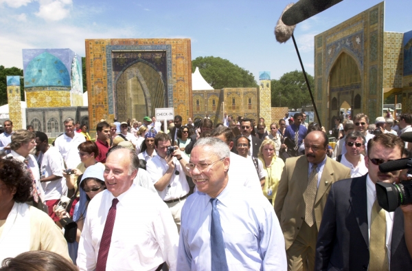 His Highness the Aga Khan (left) and Secretary of State Colin Powell touring Samarkand Square, one of the main pavillions set up His Highness the Aga Khan (left) and Secretary of State Colin Powell touring Samarkand Square, one of the main pavillions set up