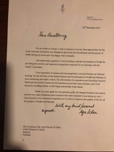 Hazar Imam sends letter of thanks to Pakistan