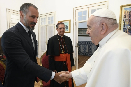 Pope Francis has special audience with Prince Rahim as part of series of interreligious encounters in Lisbon